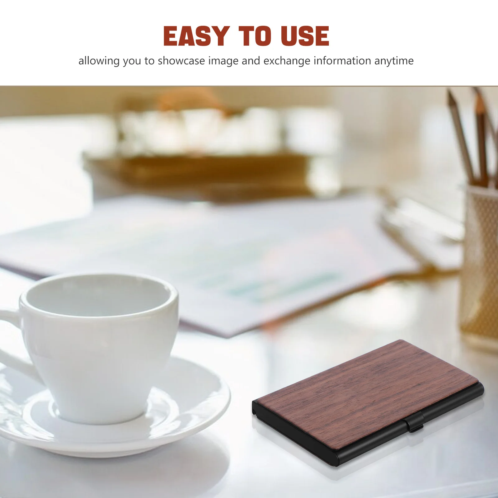 Elegant Wood Grain Metal Business Card Holder Ample Storage Desktop Display for Office Organization Portable Card Carrier Unisex