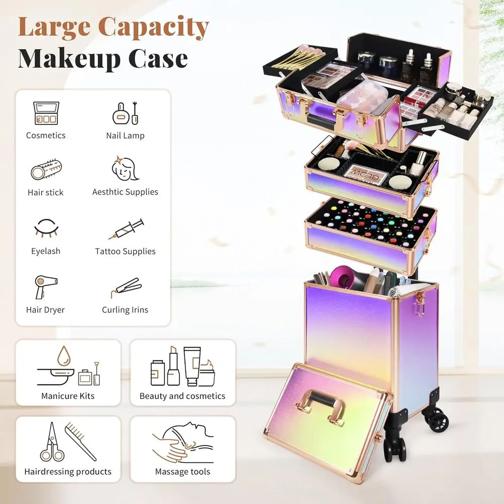 Estojo de trem de maquiagem rolante com tampa, estojo de cosmetologia 5 em 1 sobre rodas, grande organizador de carrinho de cosméticos para viagem para cabeleireiro A