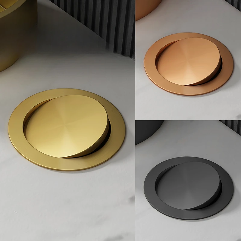 Circular brushed gold tabletop with embedded stainless steel trash can flip and swing decorative kitchen, home bathroom