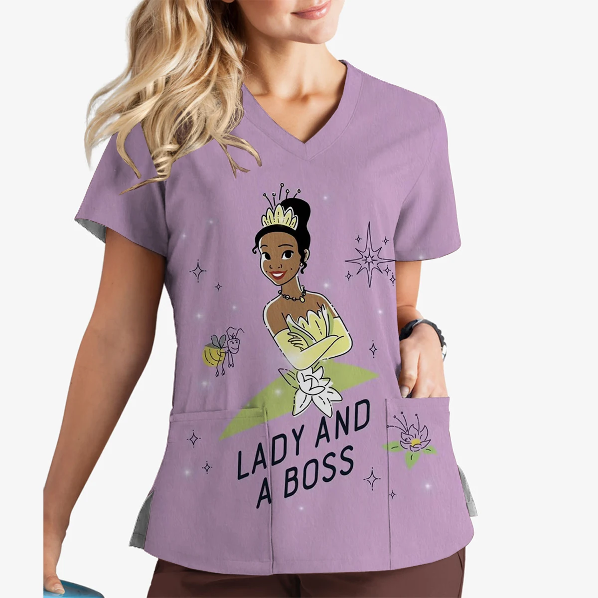 Summer Disney Tiana Princess Print V-Neck Print Scrub Top Surgeon Work Clothes Doctor Nurse Surgical Gown Women