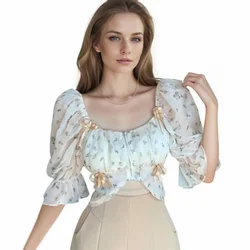 Women's Summer Floral Print Square Neck Front Chiffon Crop Top Blouse