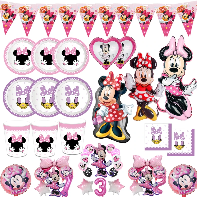 Disney Pink Minnie Mouse Theme Birthday Party Decorations Napkin Plates Cups Balloons Disposable Tableware Baby Shower Supplies