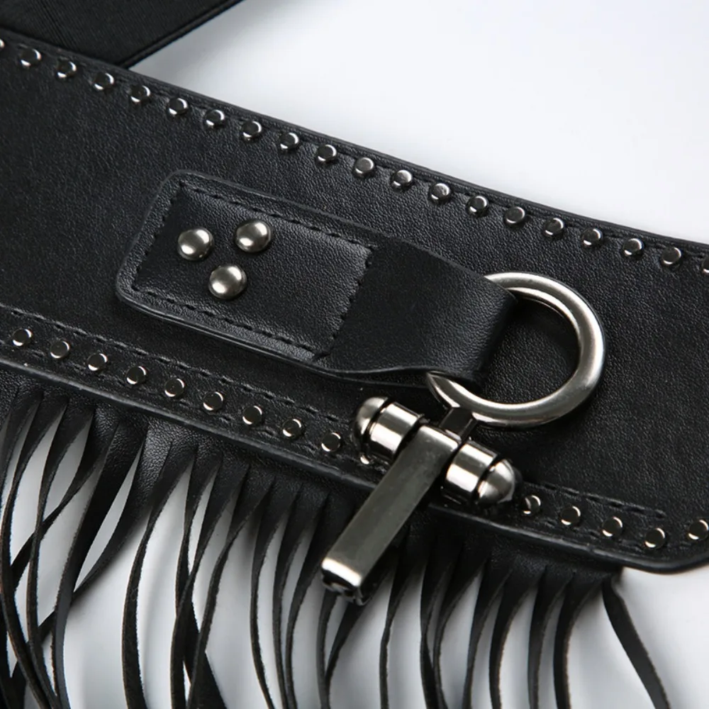 과장된 합금 리벳 벨트 빈티지 청바지 장식 태슬 허리띠 PU 가죽 블랙 펑크 벨트 허리 액세서리