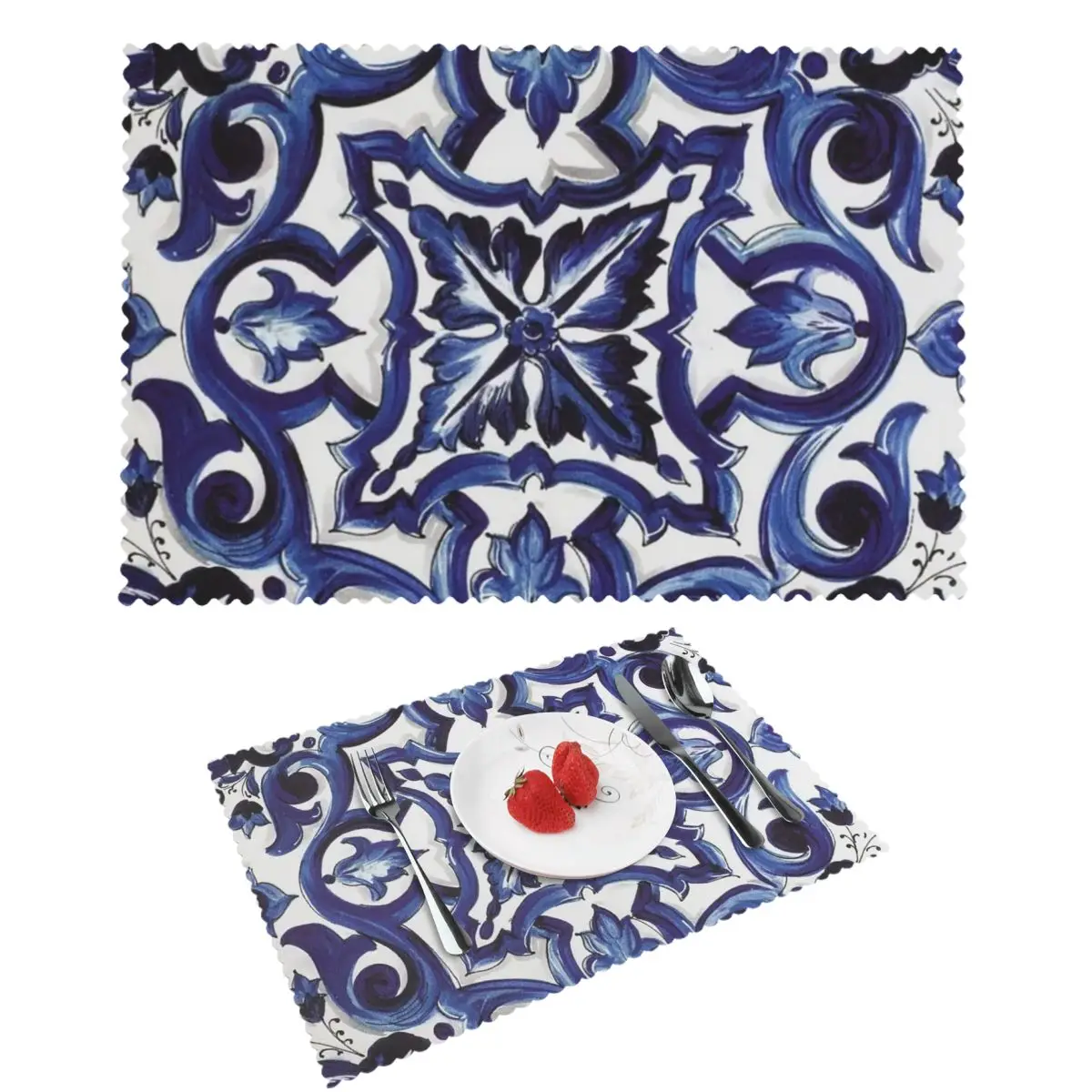 Blue Ornate Floral Mediterranean Sicilian Tile Placemat Washable Plate Mat for Dining Table Bowl Coaster Decor Absorbent Mats
