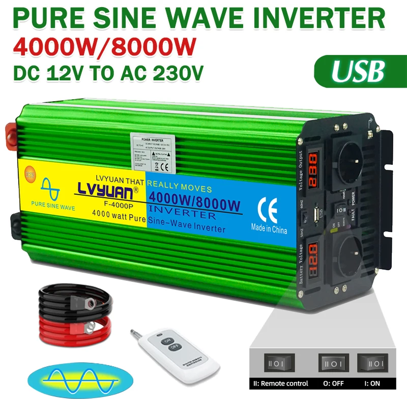 

Pure Sine Wave 8000W DC 12V/24V To AC 110V/220V 50Hz & 60Hz Power Inverter With 3.1A Dual USB LED Display Universal/EU/US Socket