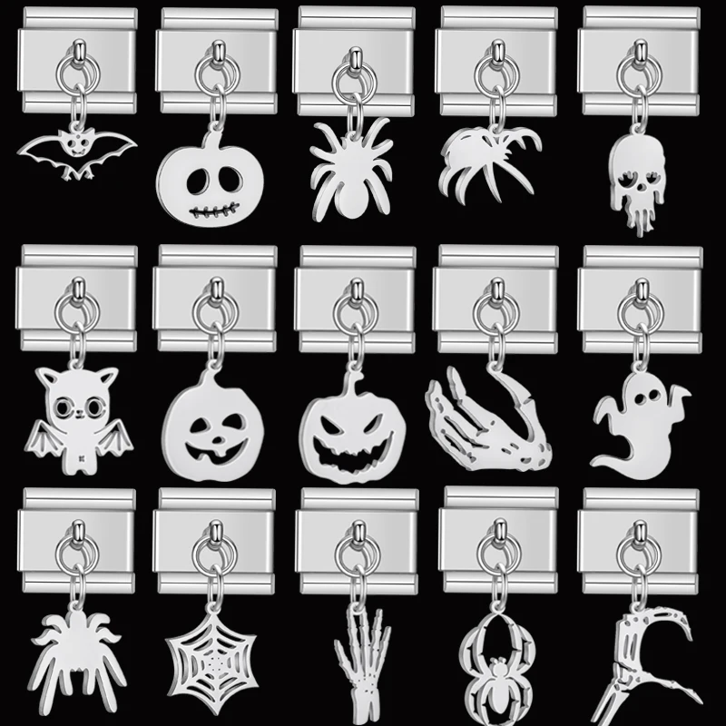 Halloween Pumpkin Ghost Italian Charm Bracelet Kit Links DIY Jewelry Stainless Steel Devil's Hand Spider Web Charms DIY Making