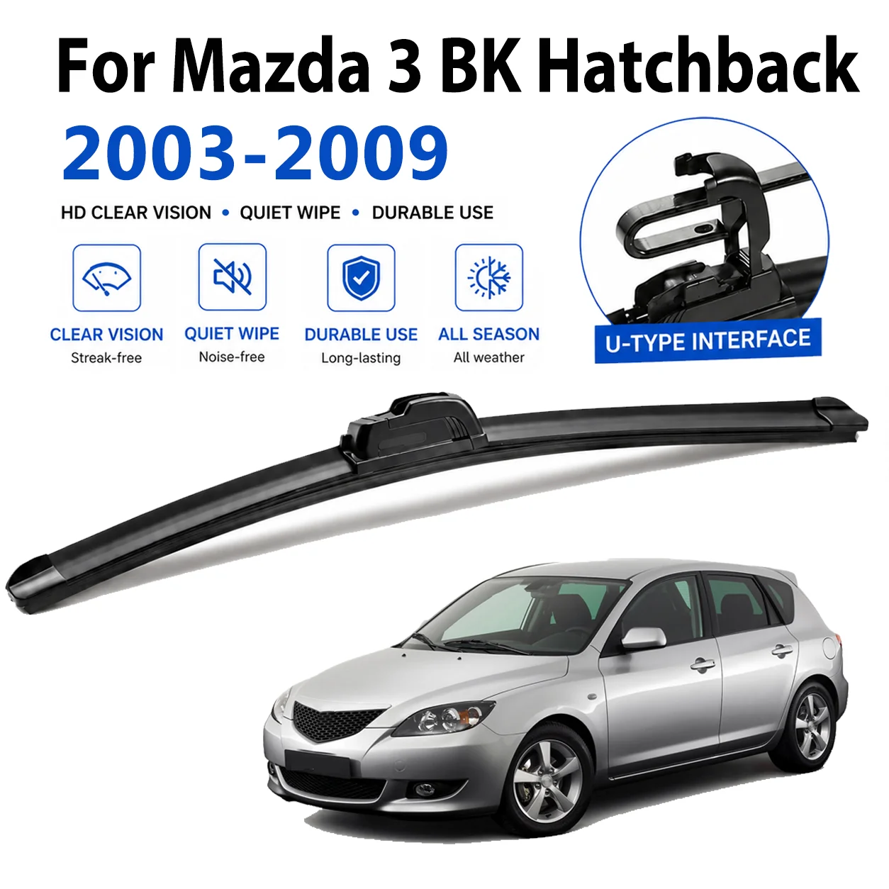 For Mazda 3 BK Hatchback 2003‑2009 2Pcs U‑Hook Front Windshield Wipers, Soft Rubber Quiet Replacement Wiper Blades 21"+19"