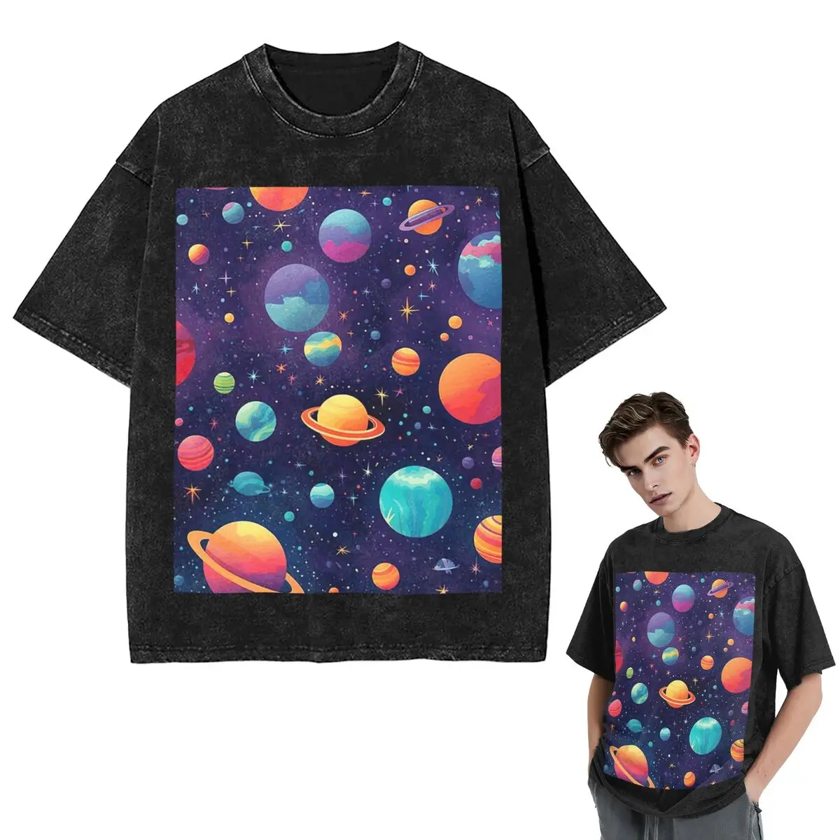 

Streetwear T-Shirts Solar System Space Planets Universe Washed T Shirt Short Sleeve Hip Hop T-Shirt Tops Tees for Men Women