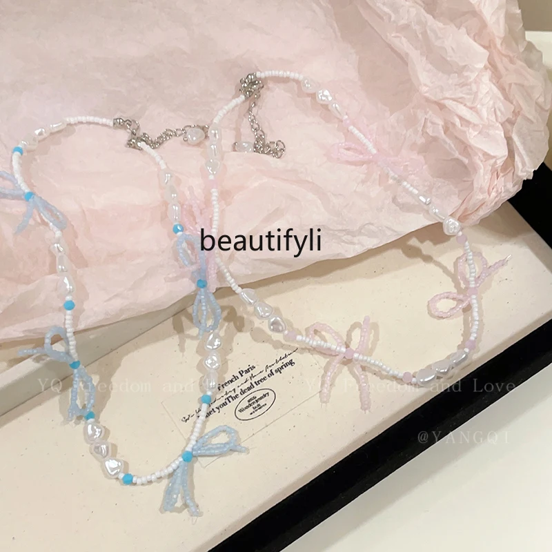 Super Fairy Bow Stringed Pearls Necklace Female Dopamine Color Bead Clavicle Chain Sweet Grace Cool Necklace Accessories