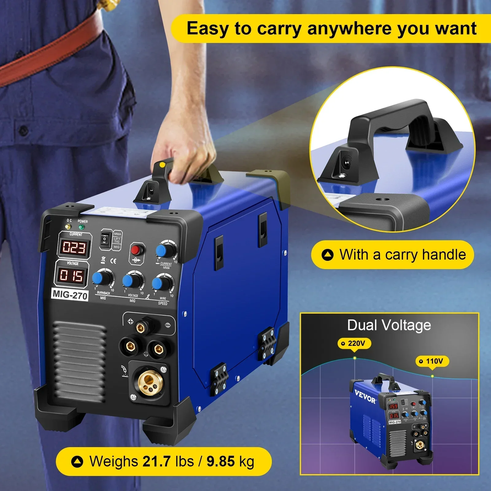 Saldatrice MIG semiautomatica SIHAO, 220V, 3 modalità (MIG, MMA, TIG), saldatrice inverter a tecnologia Synergy, ideale per riparazioni domestiche e industriali.
