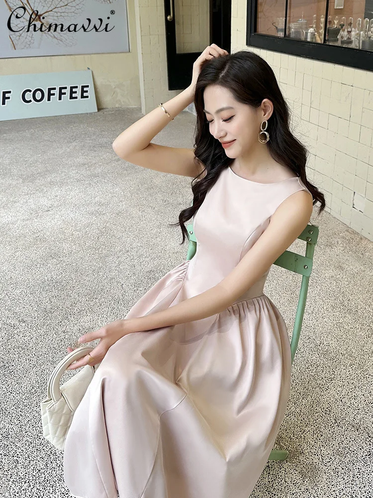 

French Elegant Temperament Pink Evening Dresses Crew Neck Sleeveless High Waist A-line Engagement Daily Casual Long Dress Women