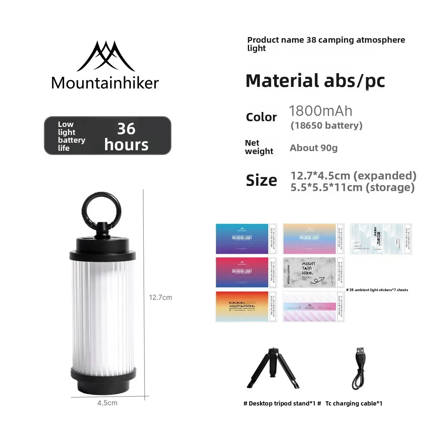 MOUNTAINHIKER-linterna LED de 1800mAh y 38 luces con soporte, recargable por USB, para acampar, lámpara para tienda de campaña, potente minilinterna LED