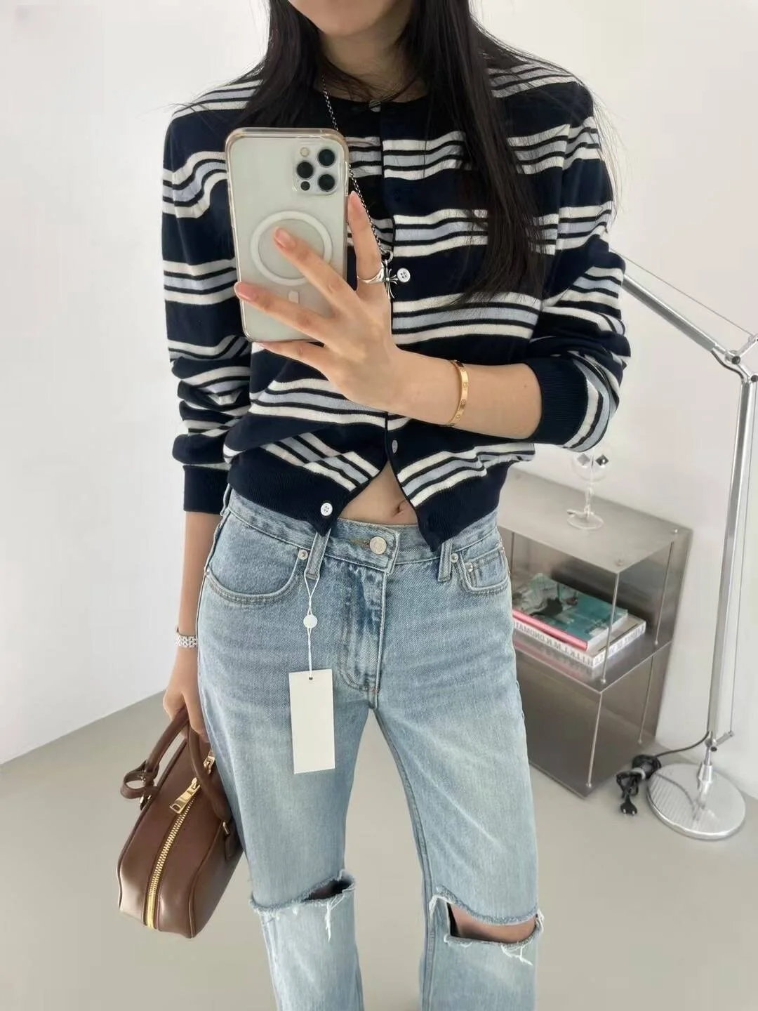 Spring New Classic Striped round Neck Button up Soft Knitted Open Cardigan Fashionable Design Sensation Women's Sweater