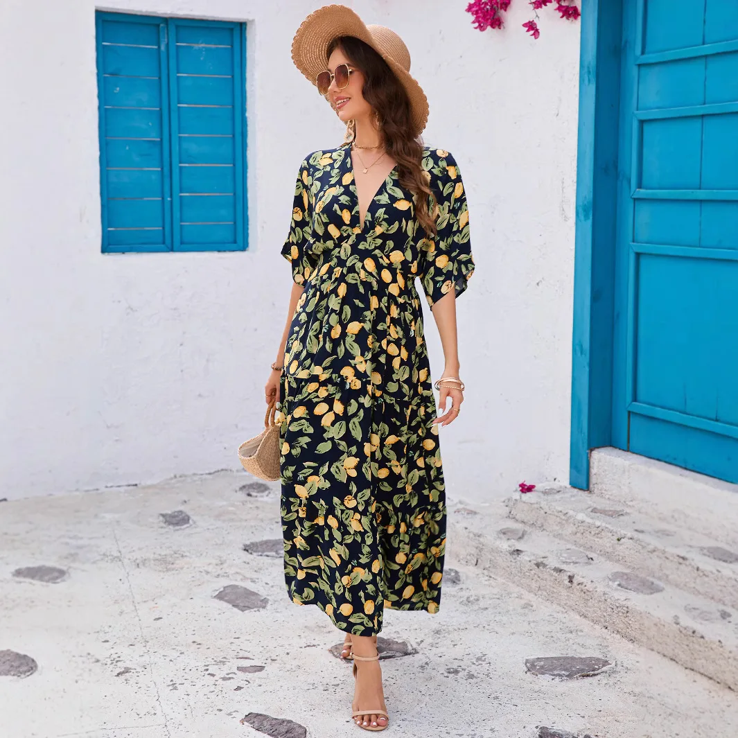 Impresso manga morcego com decote em v cintura em camadas vestido 2025 verão impresso casual moda feminina vestido longo confortável diariamente