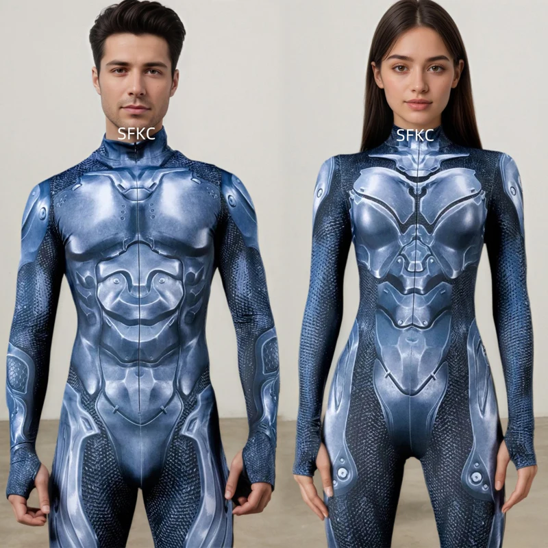 Couple Skeleton 3D Printed Mecha Armor Bodysuit Futuristic Punk Cosplay Jumpsuit for Music Festival Theme Party Performance