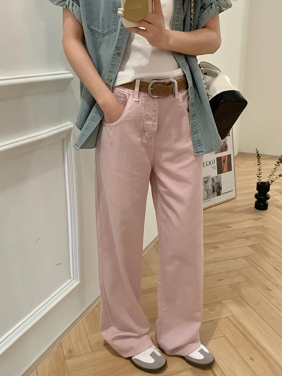 

Женские джинсы Uniko, светло-фиолетовые, прямые, с высокой талией, широкие штанины, повседневные, модные, из хлопкового стрейч-денима, весна-лето