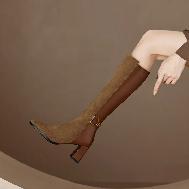 Knee-High Boots Women Autumn Winter Shoes Cow Suede Square Toe Women Boots Chunky Heel Boots for Women High Heel Knight Boots