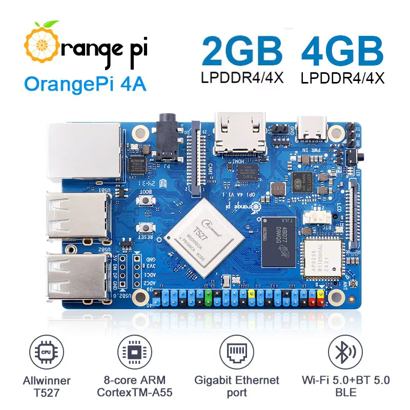 

Orange Pi 4A Mini PC - Allwinner SoC, 2GB/4GB RAM, WiFi 6/BT 5.0, M.2 NVMe, 2TOPS NPU, Ubuntu/Debian/Android 13