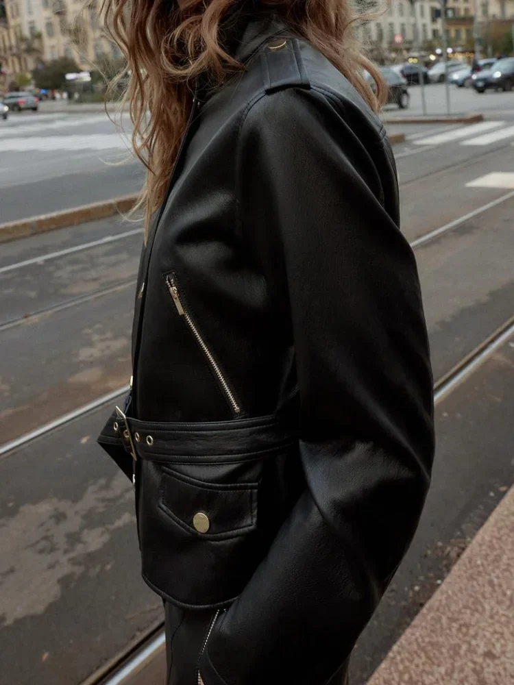 سترة نسائية كاجوال سوداء قصيرة من الجلد موضة بياقة واقفة وأكمام طويلة وسحاب وحزام فضفاض سترات نسائية يومية معطف عالي الشارع #4
