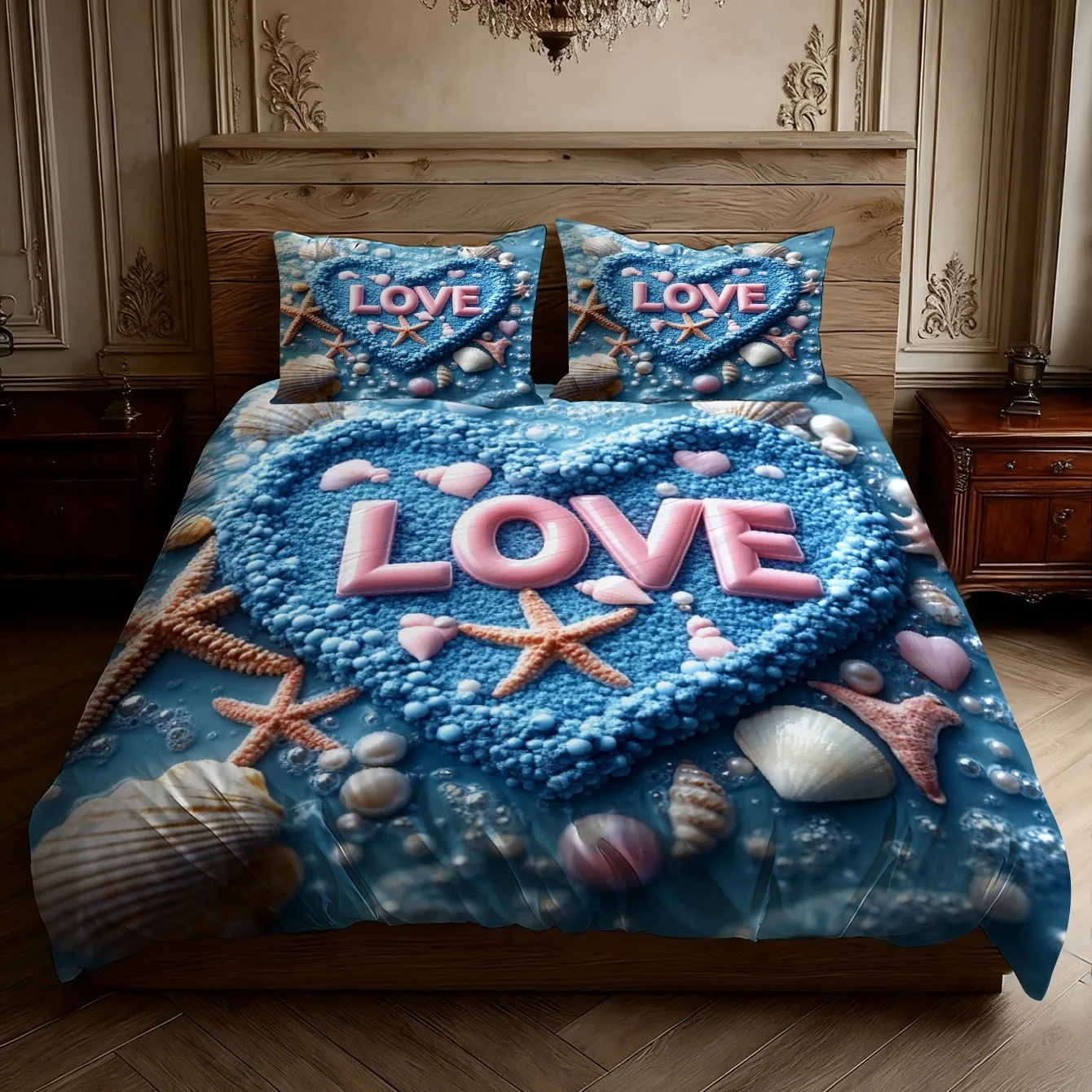 Blue Duvet Cover Set Ocean Shell Starfish Heart 'LOVE' Print Bedding for Valentine's Day Suitable for Living Room And Bedroom