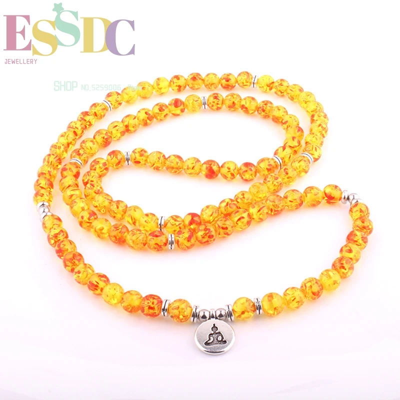 Trendy 8mm Optimized Flower Lynx Stone 108 Beads Strand Bracelet Lotus Pendant Necklace Meditation Yoga Jewelry for Men or Women