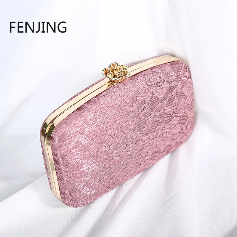 2023 Female Bag Pink Lace Evening Clutch Purse Handbags Luxury Designer Metal Rose Button Shoulder Bag Chain Bride Wallet Bolsas