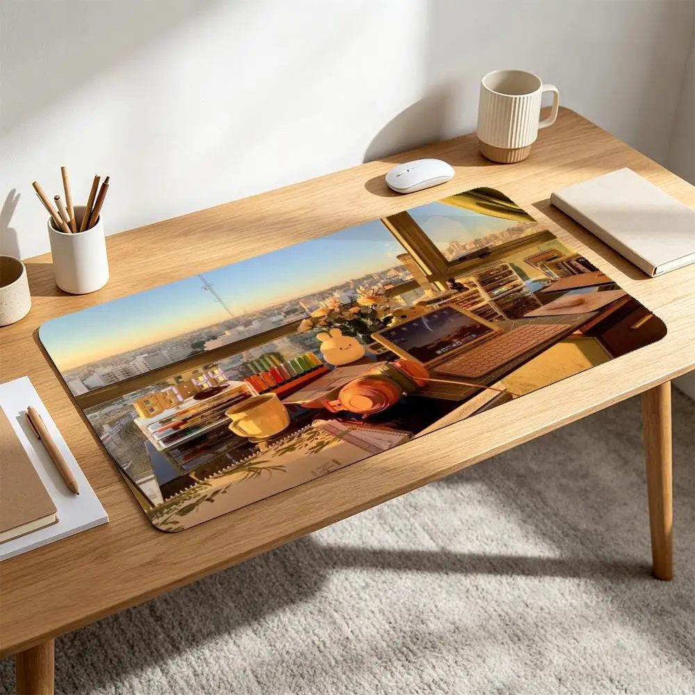 Kawaii Cozy Desk Mat Large Mouse Pad Inspiring Art City View Non-Slip Gaming Desk Pad for Office Card Game Esports Home Gift