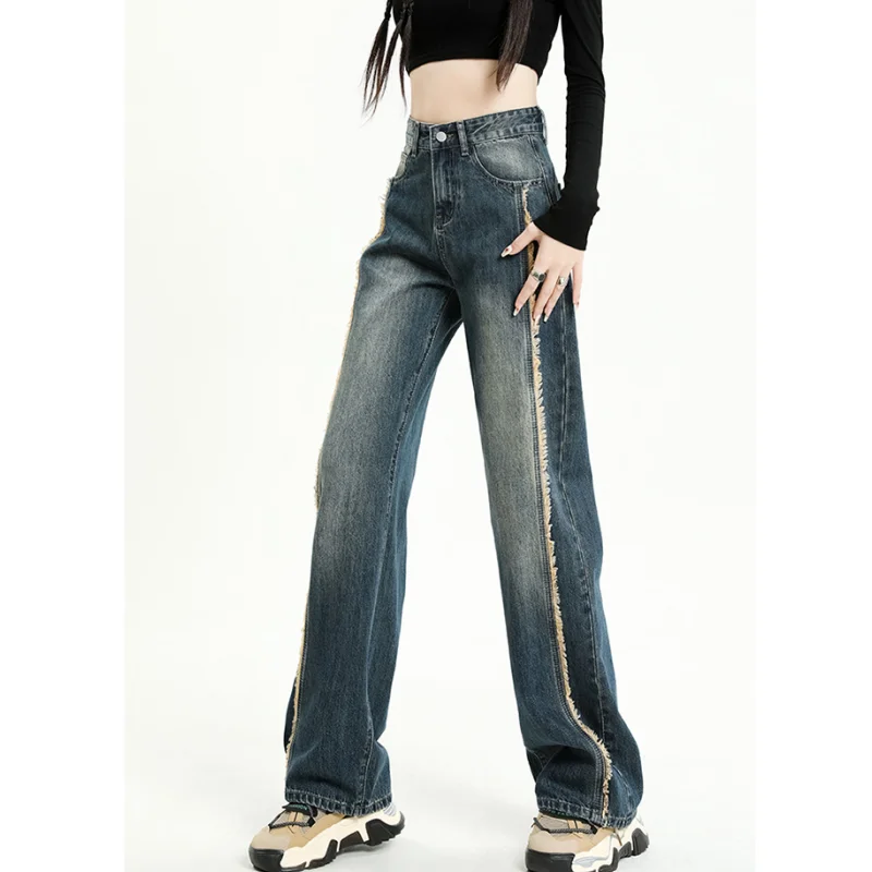 

Women Jeans High Waist American Fashion Streetwear Wide Leg Jean Female Summer Vintage Blue Trouser Straight Baggy Denim Pants