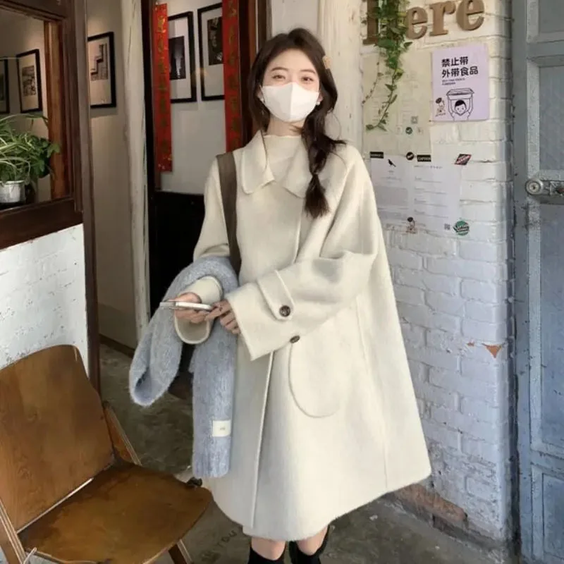 

2024 Winter New Woolen Coat Women's High Sense Fashion Tren Thickened Loose Solid Color Medium Long Woolen Coats Simple Commute