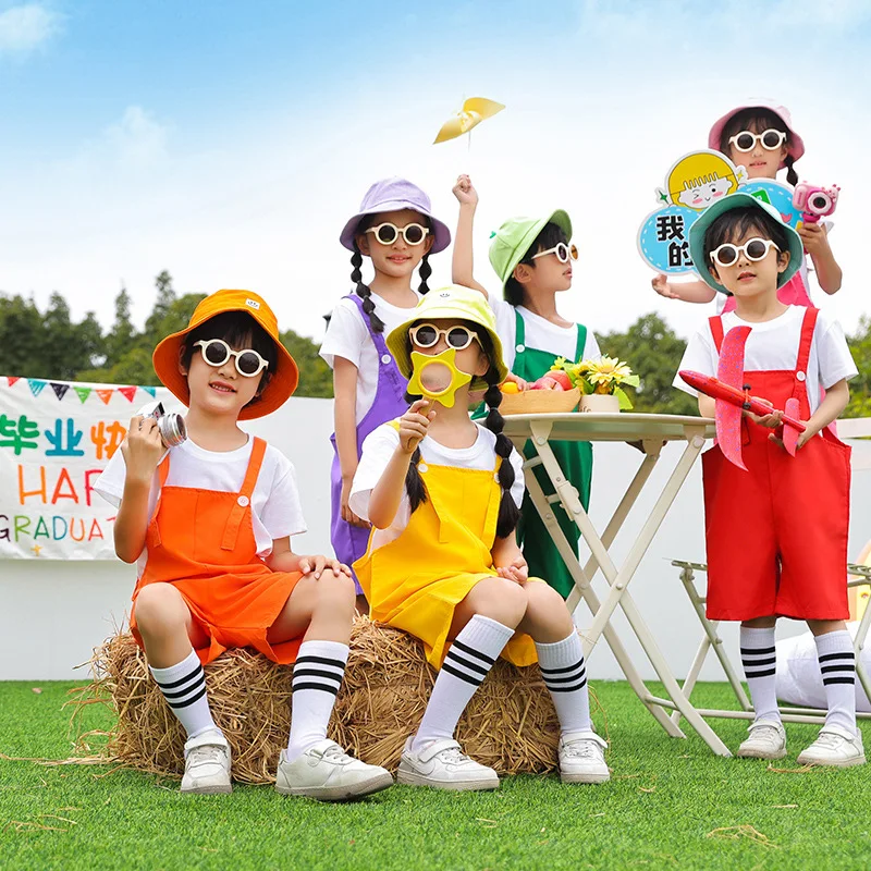 Hip Hop Kids Dance Performance Suit Rural Joyful Scenario Play Costume Candy Color Overalls Children's Faionable Outfit