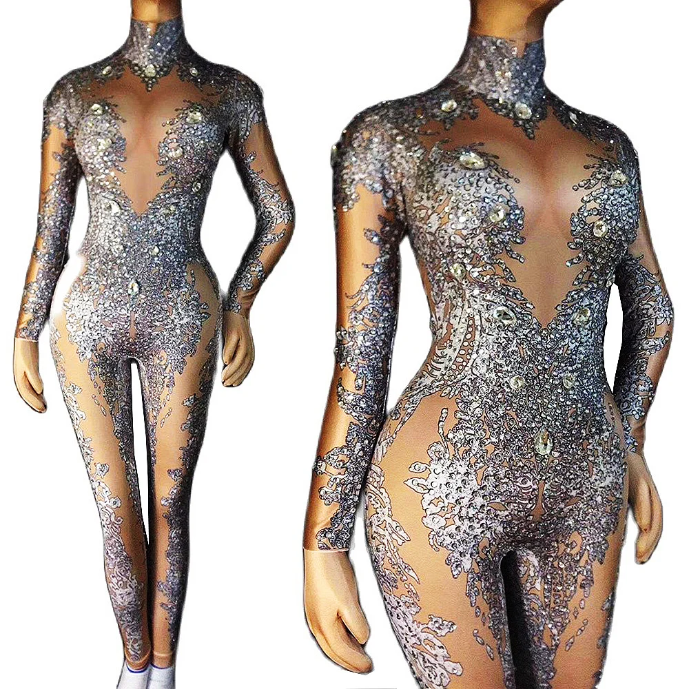 

Women Nude Long Sleeve High Neck Rhinestones Sexy Nightclub DJ Stage Jumpsuits Singer Party Rave Queen Costume