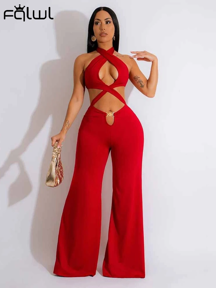 

Habbris Summer Red Hollow Out Cleavage Sexy Jumpsuits Midnight Clubwear For Woman 2024 Backless Halter Bandage Wide-Leg Jumpsuit