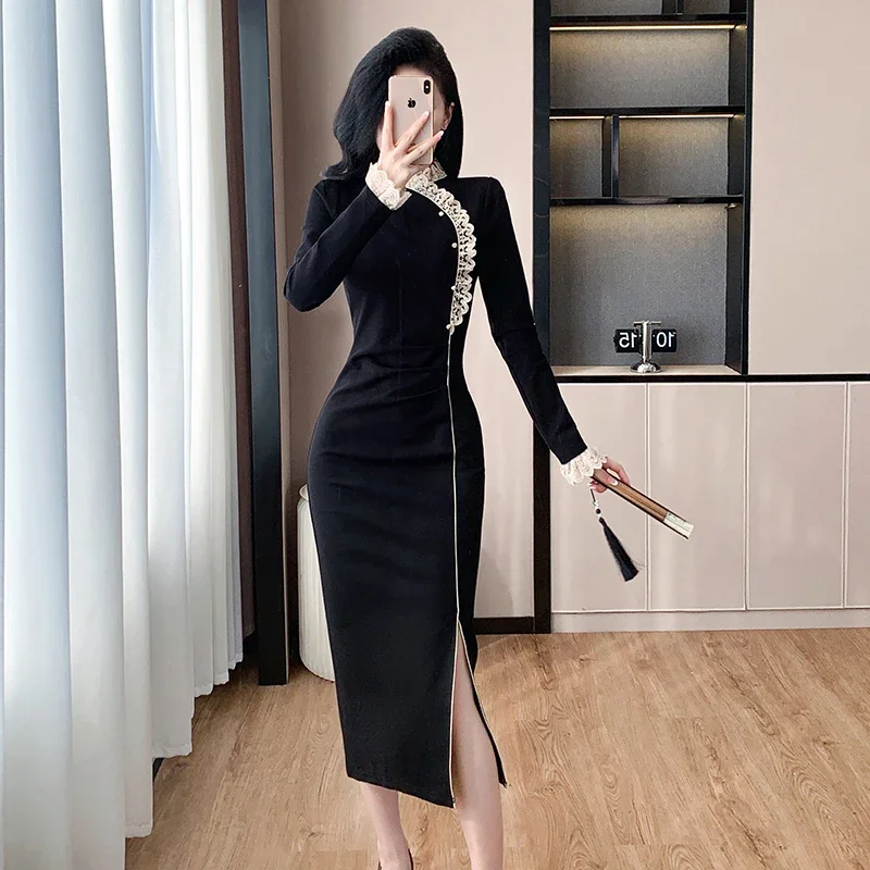 robe-elegante-a-panneau-en-dentelle-melange-de-velours-robe-formelle-de-soiree-de-luxe-pour-femmes-vintage-automne-hiver-2025