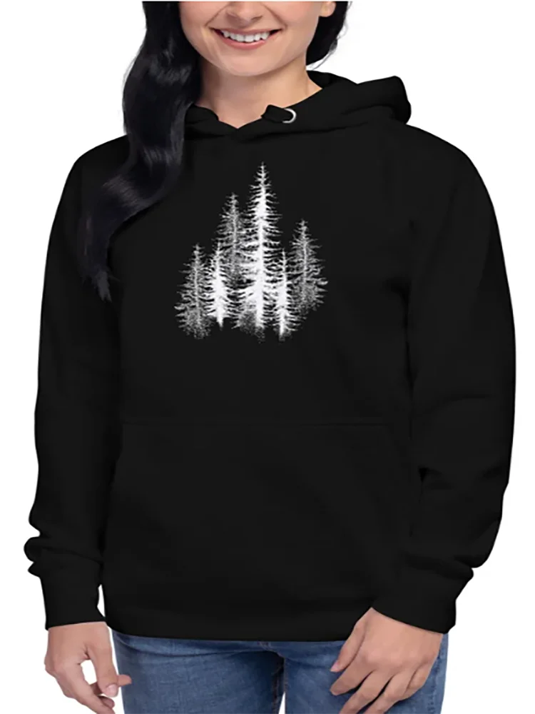 Pine Forest Trees สีขาวพิมพ์แขนยาว Crewneck Hoodie อินเทรนด์ Retro ขนาดใหญ่ของขวัญสําหรับเธอและเขากราฟิกเสื้อผ้า