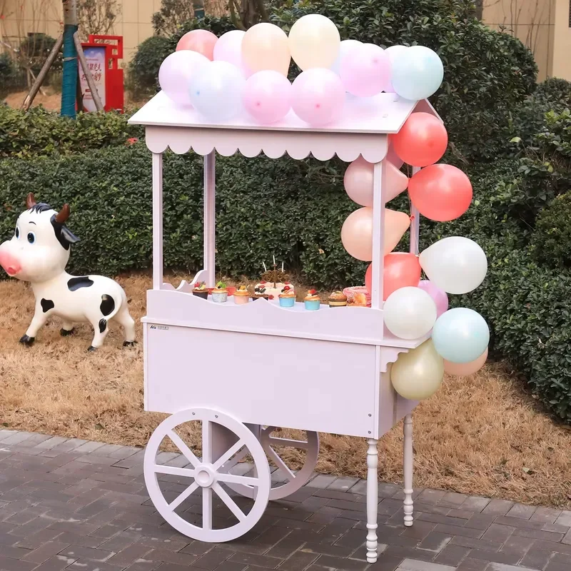 Portable White Wooden Candy Cart With Wheels For Wedding Event Decoration Mobile Dessert Display Stand Party Buffet Table