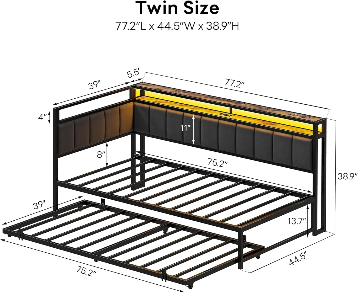 Corner Twin Full Bed Frame with Trundle,Upholstered Storage Headboard&LED Lights, Twin Size Daybed with Charging Station