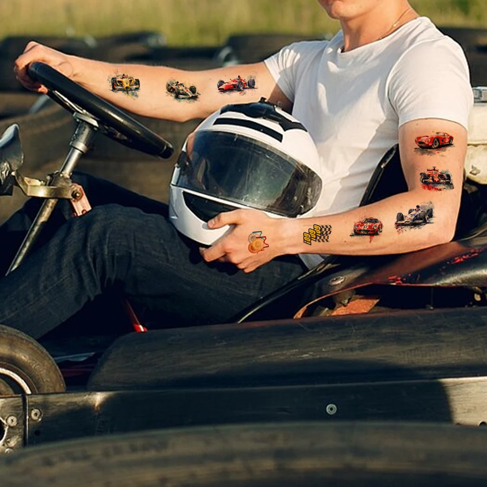 Watercolor Race Car Temporary Tattoos, Oblong Shaped Cool Racing Car Tattoo Stickers for Birthday Party Favors and Decorations