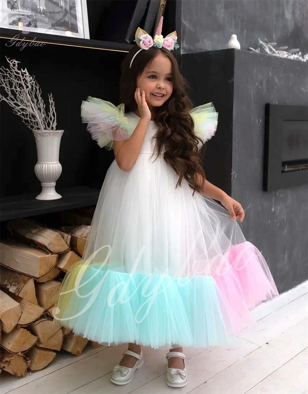 Cute Multi-Color A-Line Tulle Flower Girl Dress  Wedding Dress Girls Long Puffy Simple First Communion Birthday Customization