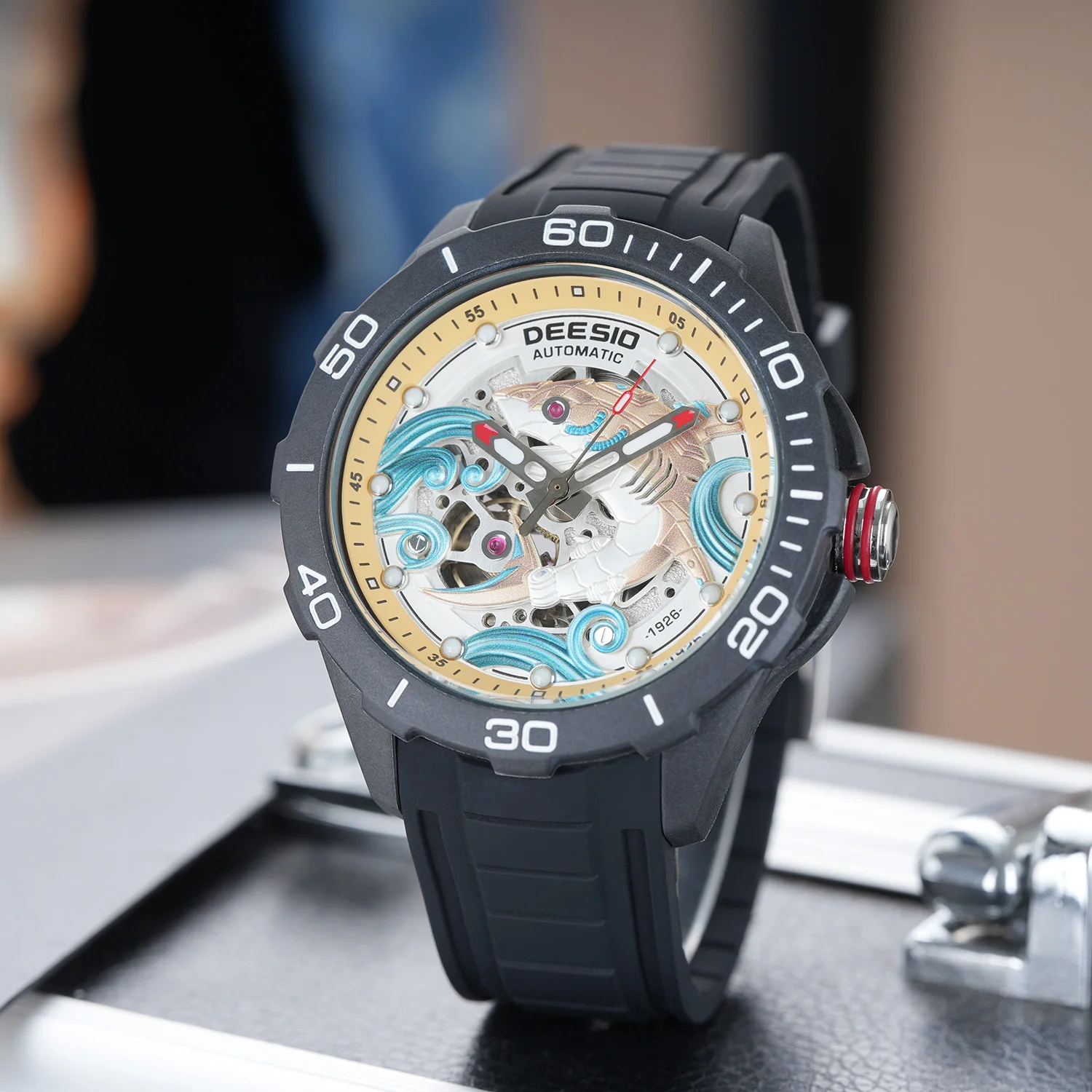 Deesio Luxury Men's Automatic Mechanical Watch |Upgrade Carbon Fiber Case Lightweight + 3D Relief Dial, Luminous Hands & 100M/10ATM Waterproof | Silicone Strap | Casual Sport to Business Fashion | Unique Skeleton Design, Perfect Gift for Him/Boyfriend view 3