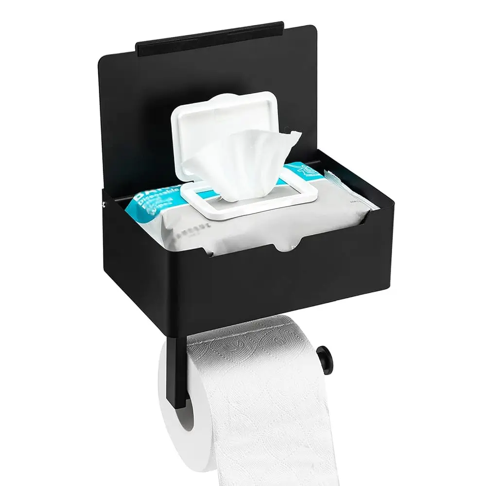 

Matte Black Toilet Paper Holder Tissue Roll Hanger with Shelf Flushable Wipes Dispenser Storage Box Large Stainless Steel Ba