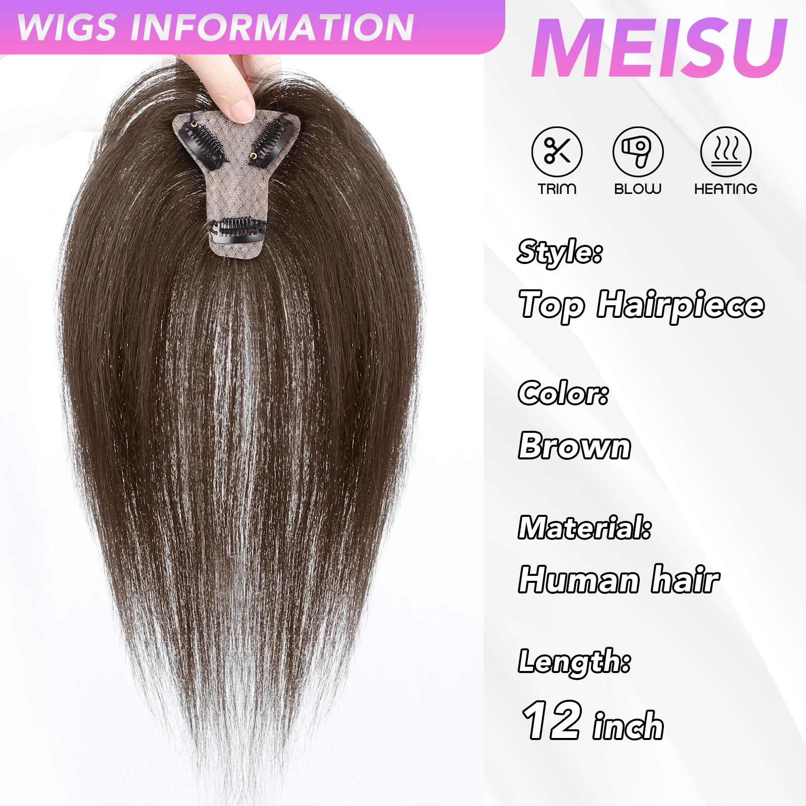 MEISU Human Top Hairpiece Natural Scalp Top Asian Hair Extension For Women Clip In Hairpiece Increase Volume Extension Daily Use