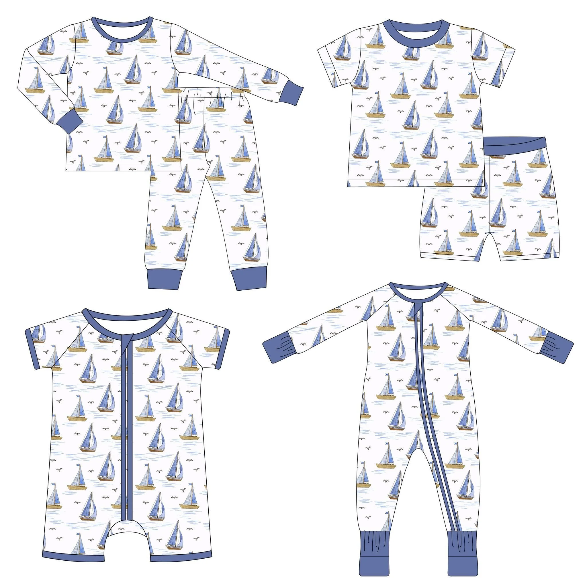 Summer Children's Clothing Wholesale Baby Boy Clothes Toddler Girls Clothes Sailboat Fabric 2 Piece Set Romper Fashion Baby Sets