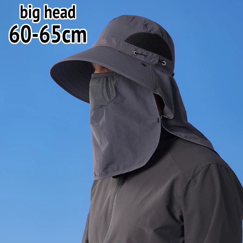 XL XXL Big Head Sun Hat 60-65cm Oversized Large Head Fishing Hat with Face Mask Neck Flap 360 UV Protection Bucket Cap view 5