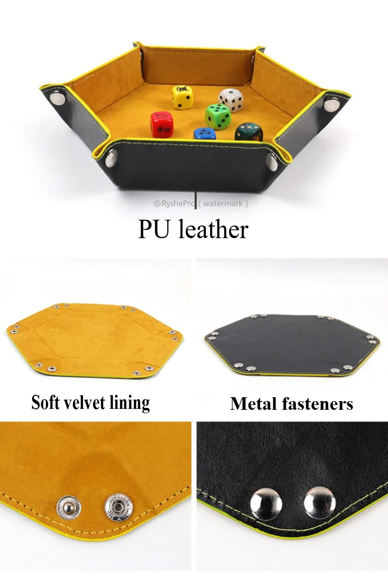 Double Sided Dice Tray Folding Hexagon PU Leather Velvet Dice Holder for Dungeons Dragons RPG Gaming D&D Dice Cup Box