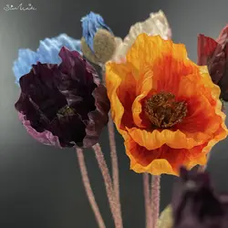 SunMade 2 Heads Retro Flocking Iceland Poppy Home Wedding Decoration Vintage Fake Flowers Flower Arrangement Flores Artificales