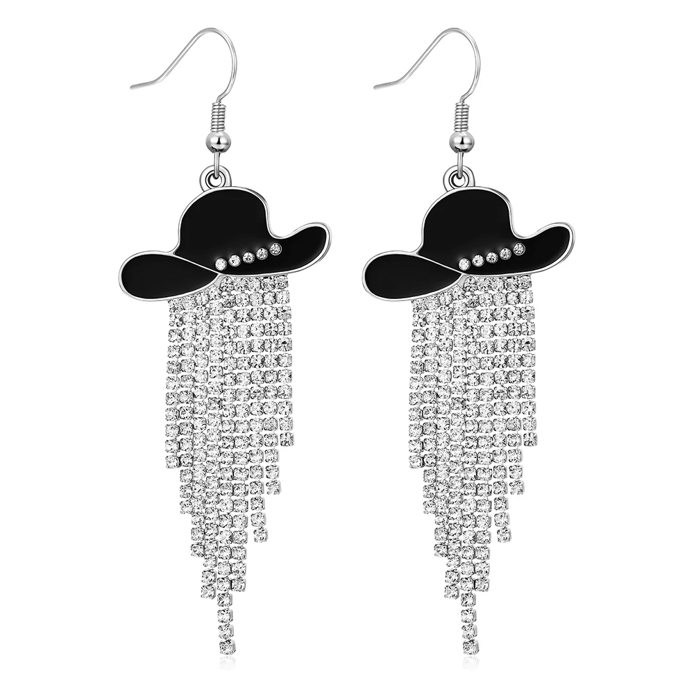 Western Cowgirl Dangle Earrings Enamel Hat Sparkly Rhinestone Tassel Pendant Prom Country Concerts Rodeo Cowboy Women Jewelry