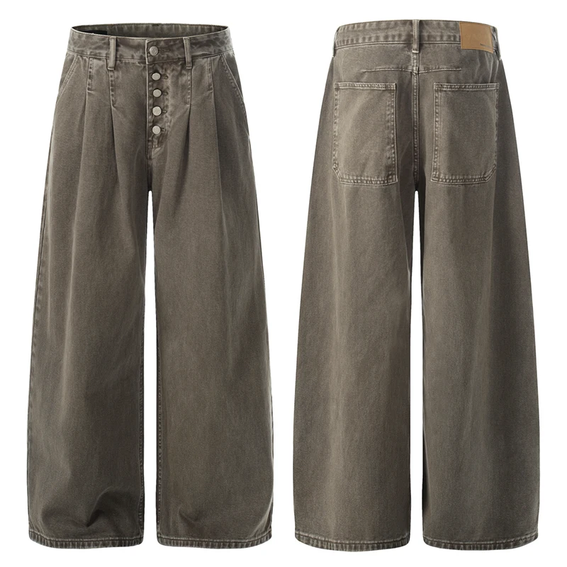 

High End Men's Wide Leg Trousers European Casual Minimalist Olive Green Jeans Button Fly Pleated Comfortable Denim Pants