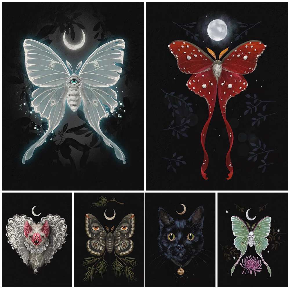 Moon Witchcraft,Moths,Bat Brides,Ghosts And Skeleton Plants Wall Art Canvas Painting Wicca Art Poster And Print Home Decoration