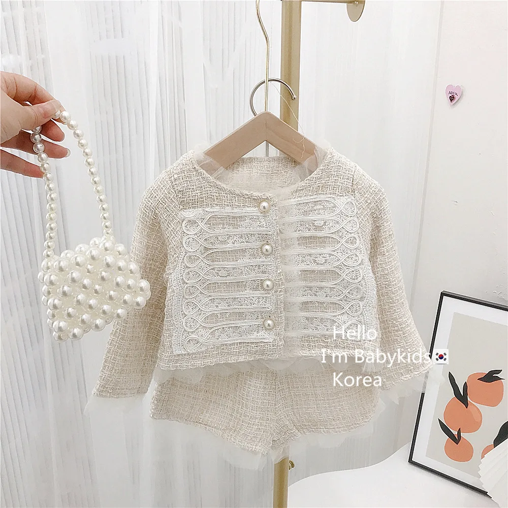 Spring Children Girl 2PCS Clothes Set Lace Pearl Button Long Sleeve Coat Solid Casual Loose Short Baby Girl Outfit Kid Girl Suit