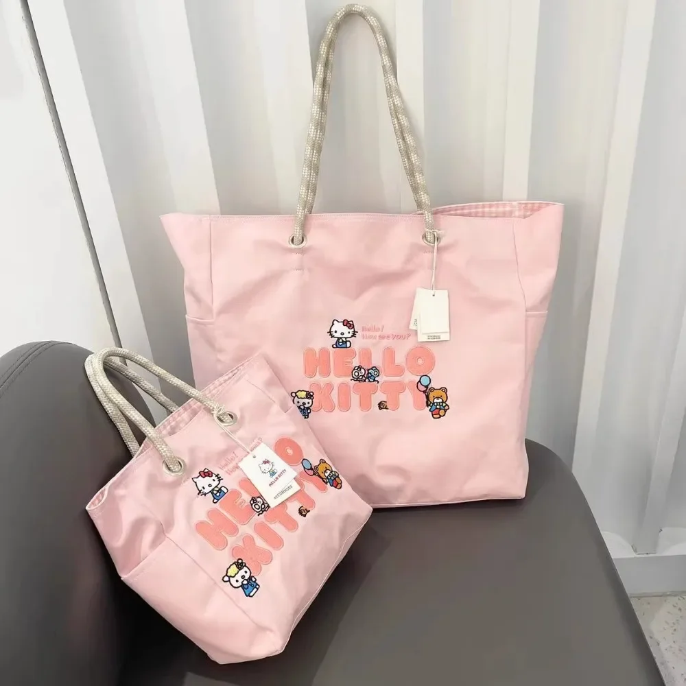 Bolso de mano Kawaii Hello Kitty, bolso de hombro bordado de lona, bolso de mano rosa de gran capacidad con dibujos animados para estudiantes